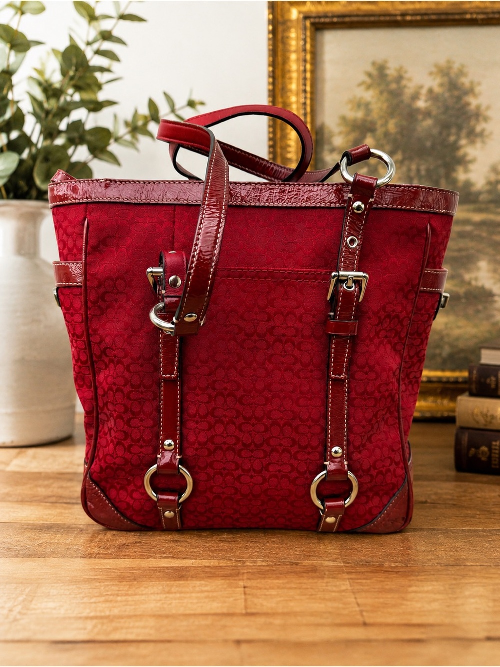 Vintage Coach Signature Gallery Tote Bag Cherry Red Y2K Patent Leather F12344